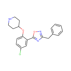 Clc1ccc(OC2CCNCC2)c(-c2nc(Cc3ccccc3)no2)c1 ZINC000218578611