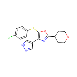 Clc1ccc(Sc2oc(C3CCOCC3)nc2-c2cn[nH]c2)cc1 ZINC000199836948