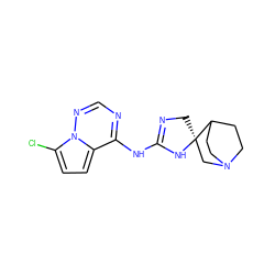 Clc1ccc2c(NC3=NC[C@]4(CN5CCC4CC5)N3)ncnn12 ZINC000210857163