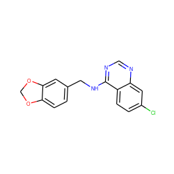 Clc1ccc2c(NCc3ccc4c(c3)OCO4)ncnc2c1 ZINC000001405687