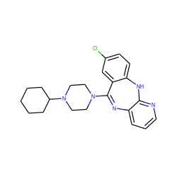 Clc1ccc2c(c1)C(N1CCN(C3CCCCC3)CC1)=Nc1cccnc1N2 ZINC000013492076