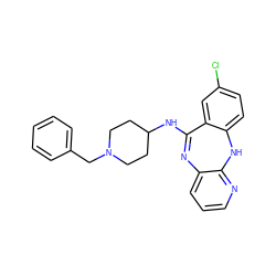 Clc1ccc2c(c1)C(NC1CCN(Cc3ccccc3)CC1)=Nc1cccnc1N2 ZINC000013492087