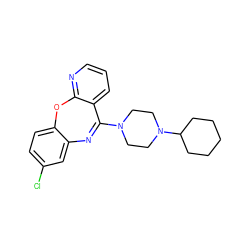 Clc1ccc2c(c1)N=C(N1CCN(C3CCCCC3)CC1)c1cccnc1O2 ZINC000084635509