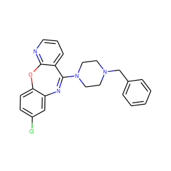 Clc1ccc2c(c1)N=C(N1CCN(Cc3ccccc3)CC1)c1cccnc1O2 ZINC000084615261