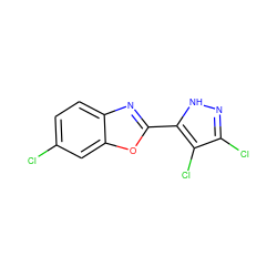 Clc1ccc2nc(-c3[nH]nc(Cl)c3Cl)oc2c1 ZINC000473111478