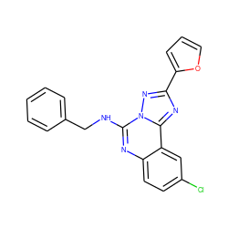 Clc1ccc2nc(NCc3ccccc3)n3nc(-c4ccco4)nc3c2c1 ZINC000013672416