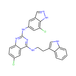 Clc1ccc2nc(Nc3cc(Cl)c4[nH]ncc4c3)nc(NCCc3c[nH]c4ccccc34)c2c1 ZINC001772641049