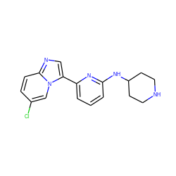 Clc1ccc2ncc(-c3cccc(NC4CCNCC4)n3)n2c1 ZINC000029045252