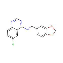 Clc1ccc2ncnc(NCc3ccc4c(c3)OCO4)c2c1 ZINC000002568241