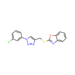 Clc1cccc(-n2cc(CSc3nc4ccccc4o3)nn2)c1 ZINC000169340311