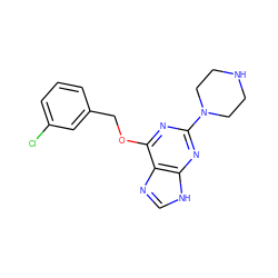 Clc1cccc(COc2nc(N3CCNCC3)nc3[nH]cnc23)c1 ZINC000045393203