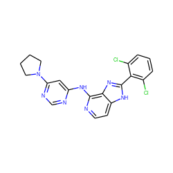 Clc1cccc(Cl)c1-c1nc2c(Nc3cc(N4CCCC4)ncn3)nccc2[nH]1 ZINC000204828183