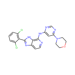 Clc1cccc(Cl)c1-c1nc2ccnc(Nc3cc(N4CCOCC4)ncn3)c2[nH]1 ZINC000072316971