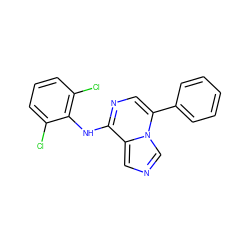 Clc1cccc(Cl)c1Nc1ncc(-c2ccccc2)n2cncc12 ZINC000028642285