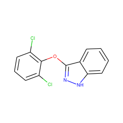 Clc1cccc(Cl)c1Oc1n[nH]c2ccccc12 ZINC001772637379