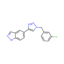 Clc1cccc(Cn2cc(-c3ccc4[nH]ncc4c3)nn2)c1 ZINC000066075083