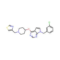 Clc1cccc(Cn2ccc3c(OC4CCN(Cc5cscn5)CC4)ncnc32)c1 ZINC000084602568