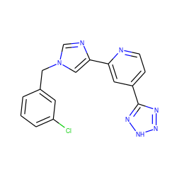 Clc1cccc(Cn2cnc(-c3cc(-c4nn[nH]n4)ccn3)c2)c1 ZINC000225927747