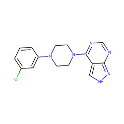 Clc1cccc(N2CCN(c3ncnc4n[nH]cc34)CC2)c1 ZINC000004317665