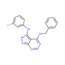 Clc1cccc(Nc2[nH]nc3ncnc(NCc4ccccc4)c23)c1 ZINC000003815403