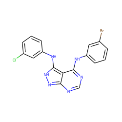 Clc1cccc(Nc2[nH]nc3ncnc(Nc4cccc(Br)c4)c23)c1 ZINC000003815195