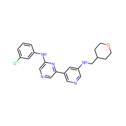 Clc1cccc(Nc2cncc(-c3cncc(NCC4CCOCC4)c3)n2)c1 ZINC000013648406