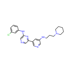 Clc1cccc(Nc2cncc(-c3cncc(NCCCN4CCCCC4)c3)n2)c1 ZINC000013648403