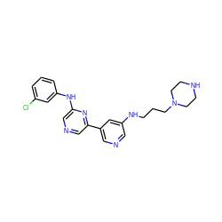 Clc1cccc(Nc2cncc(-c3cncc(NCCCN4CCNCC4)c3)n2)c1 ZINC000022933855