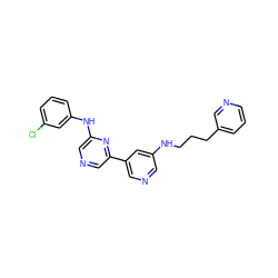 Clc1cccc(Nc2cncc(-c3cncc(NCCCc4cccnc4)c3)n2)c1 ZINC000013648412