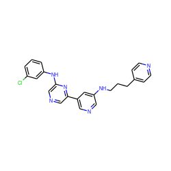 Clc1cccc(Nc2cncc(-c3cncc(NCCCc4ccncc4)c3)n2)c1 ZINC000013648344