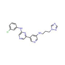 Clc1cccc(Nc2cncc(-c3cncc(NCCCn4cncn4)c3)n2)c1 ZINC000013648417