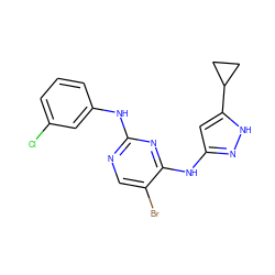 Clc1cccc(Nc2ncc(Br)c(Nc3cc(C4CC4)[nH]n3)n2)c1 ZINC000203005494