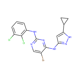 Clc1cccc(Nc2ncc(Br)c(Nc3cc(C4CC4)[nH]n3)n2)c1Cl ZINC000203005885