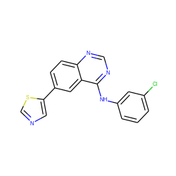 Clc1cccc(Nc2ncnc3ccc(-c4cncs4)cc23)c1 ZINC000299850922