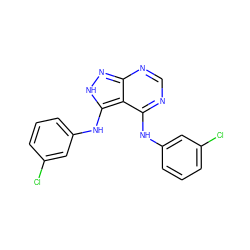 Clc1cccc(Nc2ncnc3n[nH]c(Nc4cccc(Cl)c4)c23)c1 ZINC000000839389