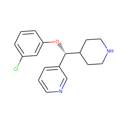 Clc1cccc(O[C@@H](c2cccnc2)C2CCNCC2)c1 ZINC000043012100