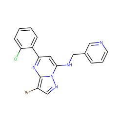 Clc1ccccc1-c1cc(NCc2cccnc2)n2ncc(Br)c2n1 ZINC000028958940