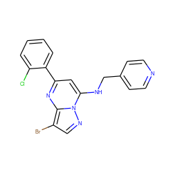 Clc1ccccc1-c1cc(NCc2ccncc2)n2ncc(Br)c2n1 ZINC000038629410