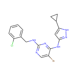 Clc1ccccc1CNc1ncc(Br)c(Nc2cc(C3CC3)[nH]n2)n1 ZINC000040391728