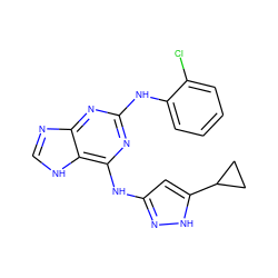 Clc1ccccc1Nc1nc(Nc2cc(C3CC3)[nH]n2)c2[nH]cnc2n1 ZINC000203004607