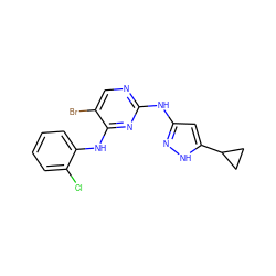 Clc1ccccc1Nc1nc(Nc2cc(C3CC3)[nH]n2)ncc1Br ZINC000203003480