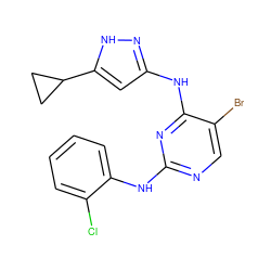 Clc1ccccc1Nc1ncc(Br)c(Nc2cc(C3CC3)[nH]n2)n1 ZINC000035826820