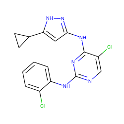 Clc1ccccc1Nc1ncc(Cl)c(Nc2cc(C3CC3)[nH]n2)n1 ZINC000203003891