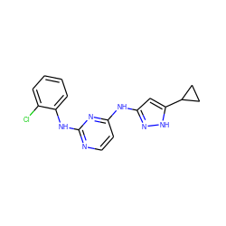 Clc1ccccc1Nc1nccc(Nc2cc(C3CC3)[nH]n2)n1 ZINC000203007062