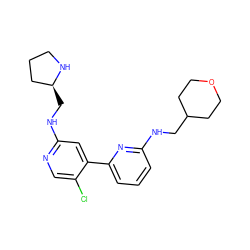 Clc1cnc(NC[C@H]2CCCN2)cc1-c1cccc(NCC2CCOCC2)n1 ZINC000169703833