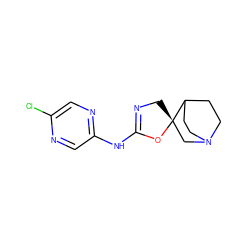 Clc1cnc(NC2=NC[C@@]3(CN4CCC3CC4)O2)cn1 ZINC000140116916