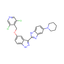 Clc1cncc(Cl)c1COc1ccc2[nH]nc(-c3nc4cc(N5CCCCC5)ccc4[nH]3)c2c1 ZINC000653827671