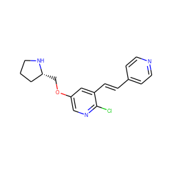 Clc1ncc(OC[C@@H]2CCCN2)cc1/C=C/c1ccncc1 ZINC000013474389