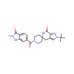 Cn1[nH]c2cc(C(=O)N3CCC4(CC3)Cc3cn(C(C)(C)C)nc3C(=O)N4)ccc2c1=O ZINC000261190723