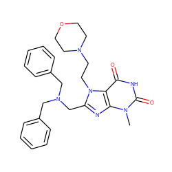 Cn1c(=O)[nH]c(=O)c2c1nc(CN(Cc1ccccc1)Cc1ccccc1)n2CCN1CCOCC1 ZINC000004004996